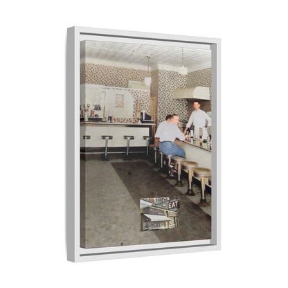 1947 Opening Day Miller’s Luncheonette Findlay, O. Retro Bar Scene Framed Canvas Art - Nostalgic Decor for Home or Office