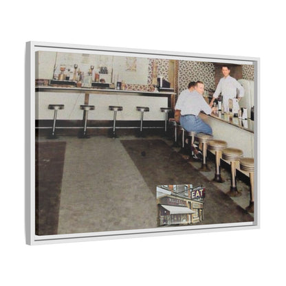 1947 Opening Day Miller’s Luncheonette Findlay, O. Retro Bar Scene Framed Canvas Art - Nostalgic Decor for Home or Office