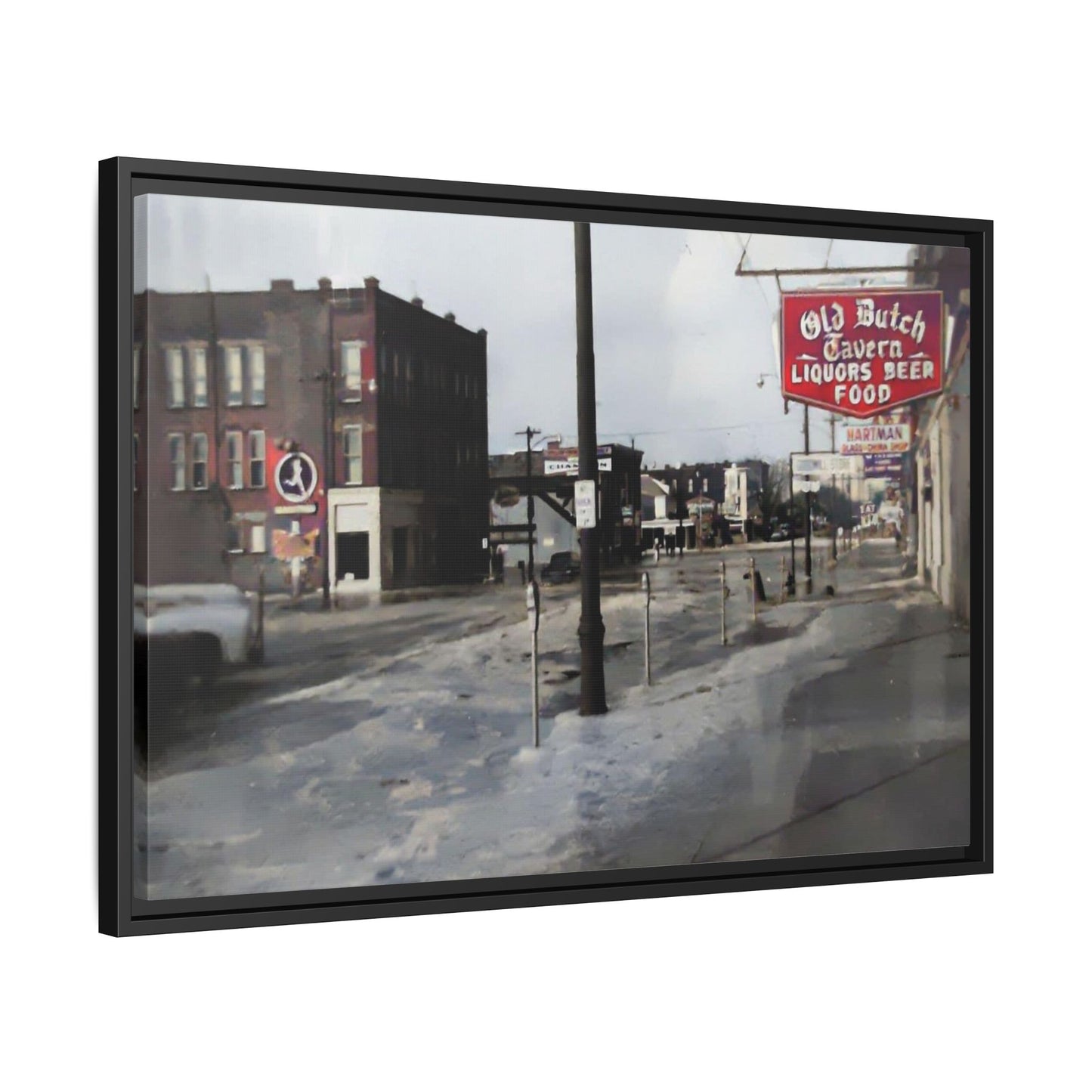 February 1959 Findlay Flood Original Dutch Framed Matte Canvas Art - Vintage Tavern Street Scene