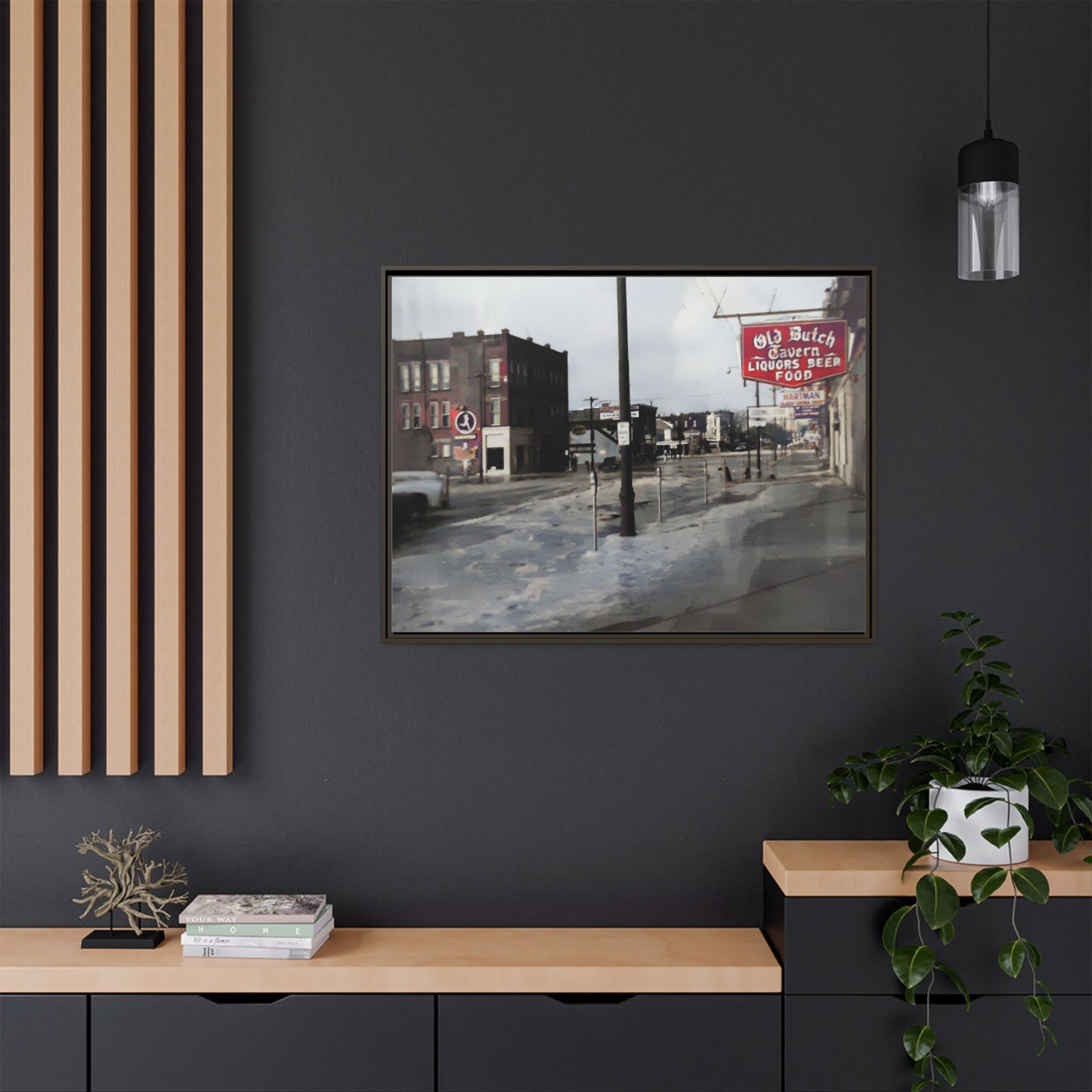 February 1959 Findlay Flood Original Dutch Framed Matte Canvas Art - Vintage Tavern Street Scene