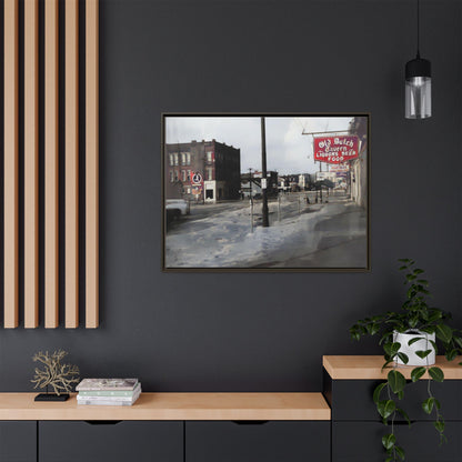 February 1959 Findlay Flood Original Dutch Framed Matte Canvas Art - Vintage Tavern Street Scene