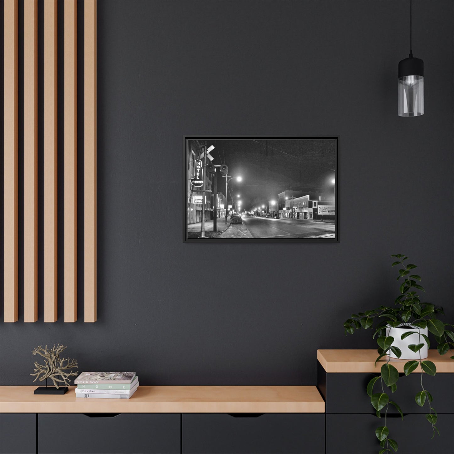 Northview Hotel Looking South Findlay, O. ca 1967 Vintage Cityscape Framed Canvas - Matte Black Wall Art