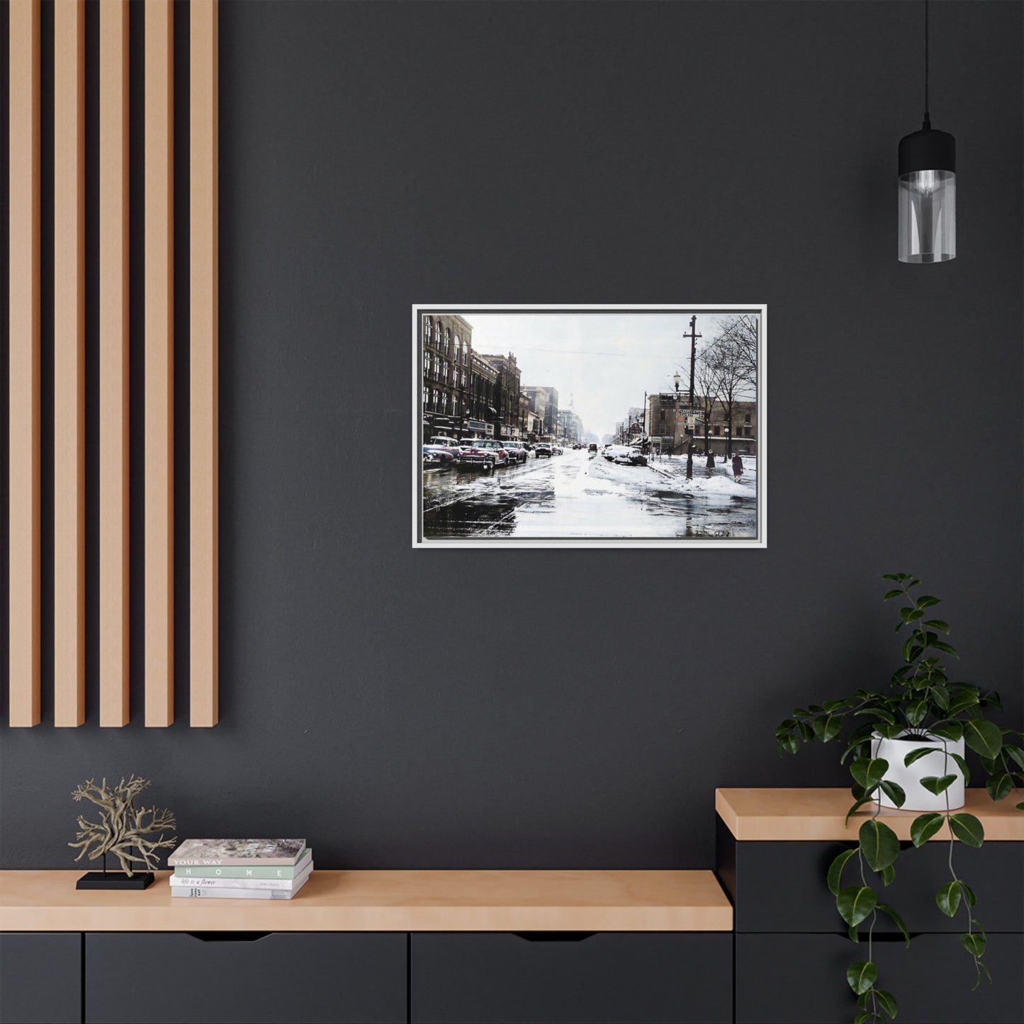 Winter Wonderland Framed Matte Canvas - Urban Snow Scene Wall Art