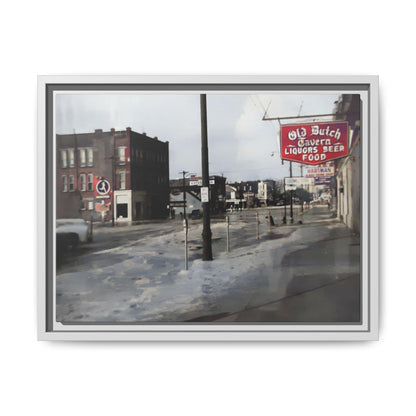 February 1959 Findlay Flood Original Dutch Framed Matte Canvas Art - Vintage Tavern Street Scene