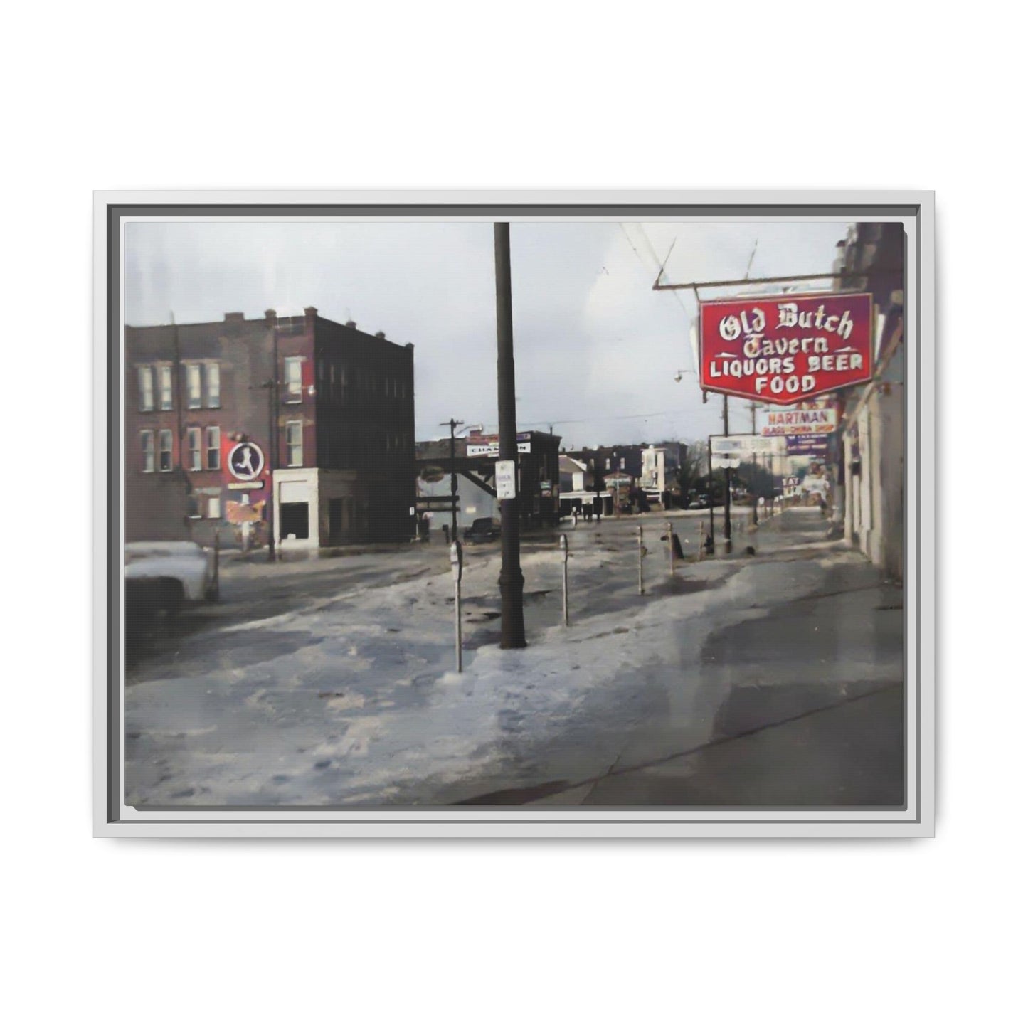 February 1959 Findlay Flood Original Dutch Framed Matte Canvas Art - Vintage Tavern Street Scene