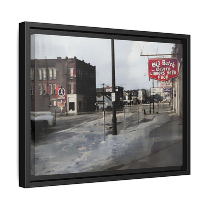 February 1959 Findlay Flood Original Dutch Framed Matte Canvas Art - Vintage Tavern Street Scene