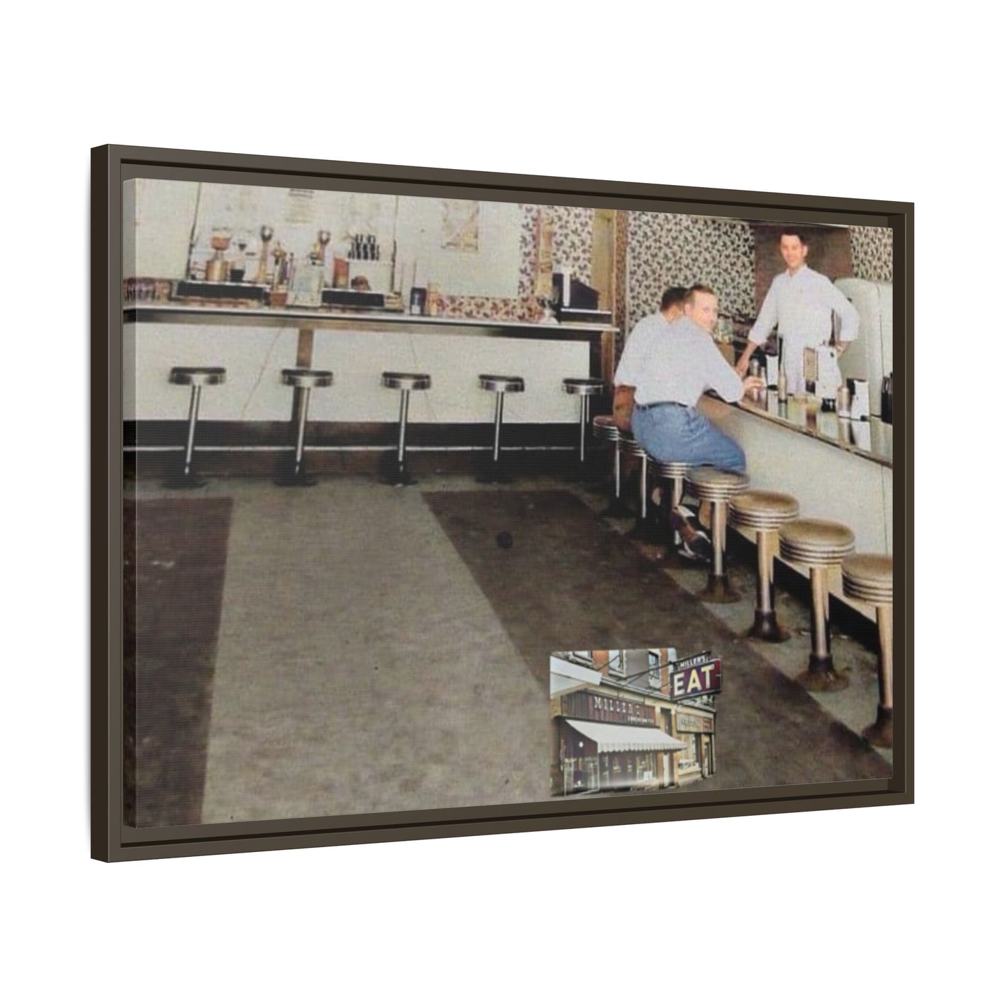 1947 Opening Day Miller’s Luncheonette Findlay, O. Retro Bar Scene Framed Canvas Art - Nostalgic Decor for Home or Office