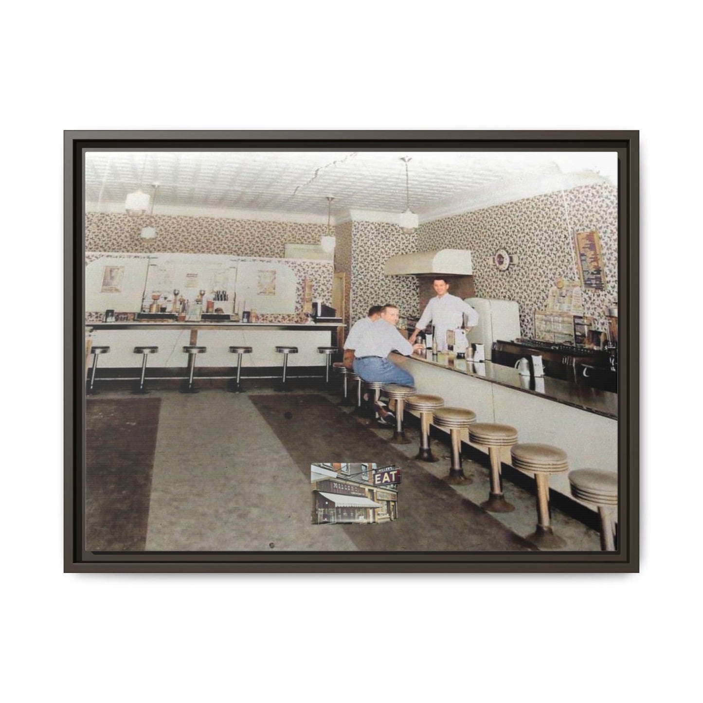 1947 Opening Day Miller’s Luncheonette Findlay, O. Retro Bar Scene Framed Canvas Art - Nostalgic Decor for Home or Office