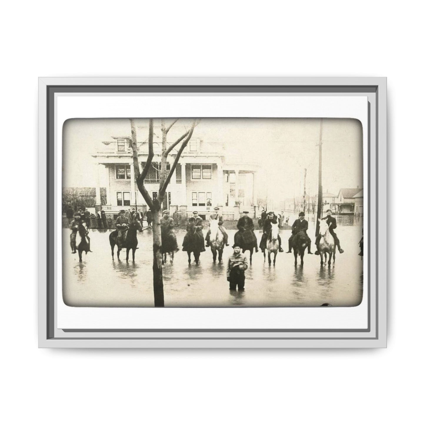 717 N Main Findlay, O  1913 Flood Original B & W Vintage Framed Matte Canvas - Equestrian Scene Wall Art