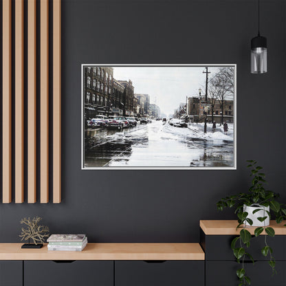 Winter Wonderland Framed Matte Canvas - Urban Snow Scene Wall Art