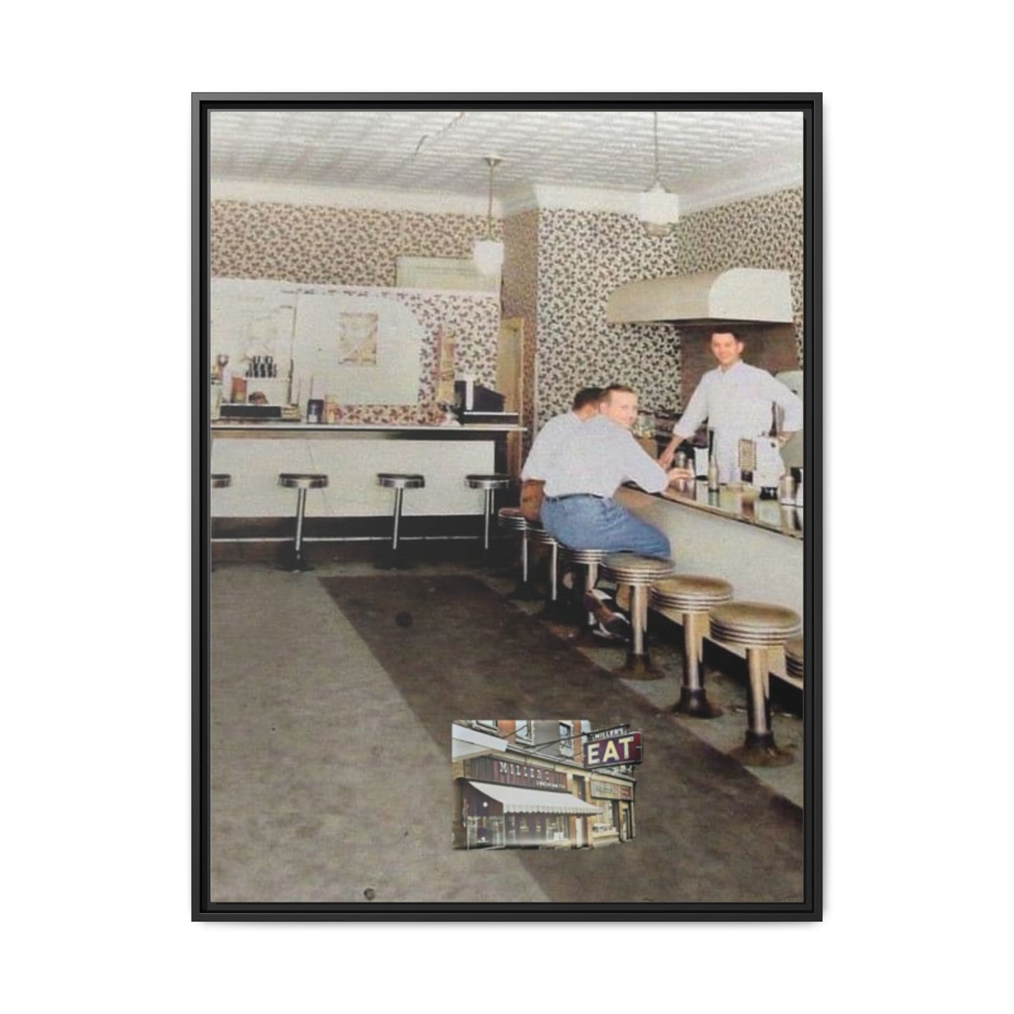 1947 Opening Day Miller’s Luncheonette Findlay, O. Retro Bar Scene Framed Canvas Art - Nostalgic Decor for Home or Office