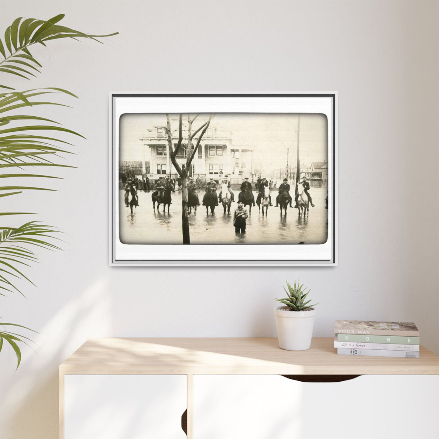 717 N Main Findlay, O  1913 Flood Original B & W Vintage Framed Matte Canvas - Equestrian Scene Wall Art