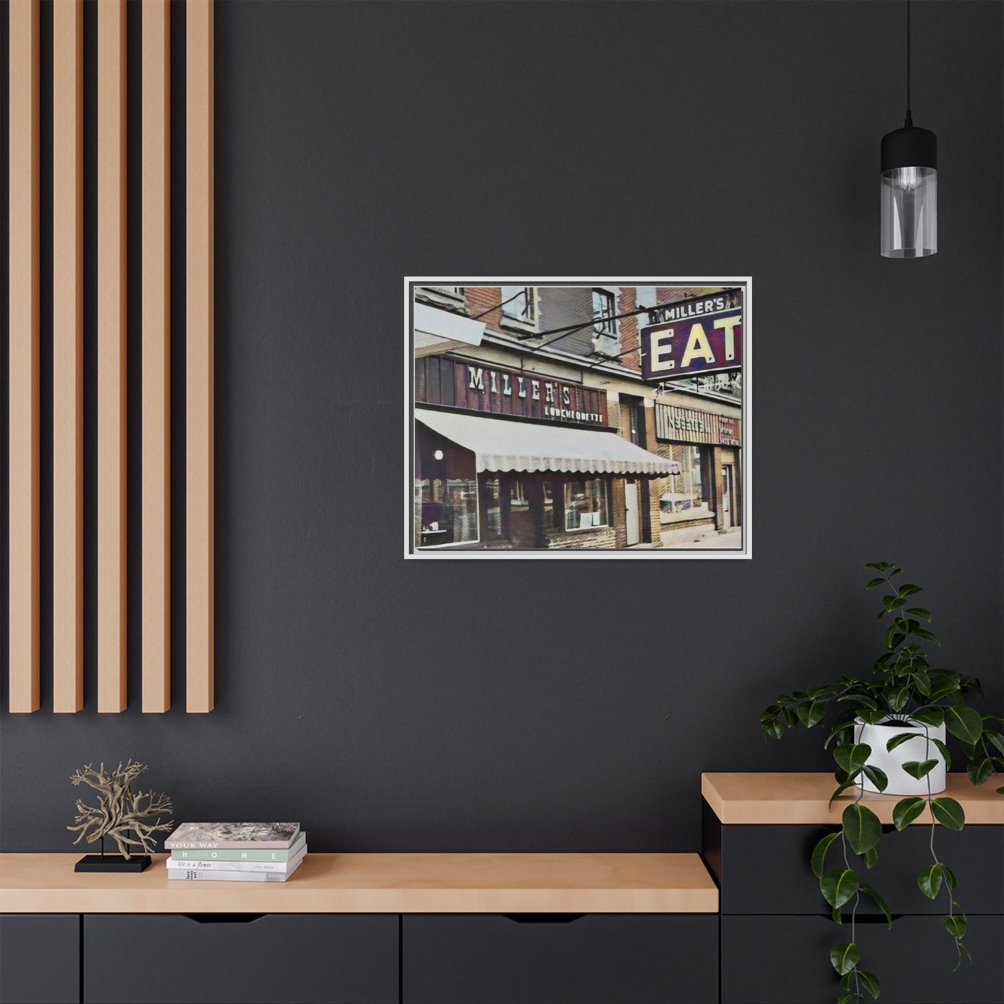 Retro Framed Canvas Print - Miller's Eatery Sign Artwork