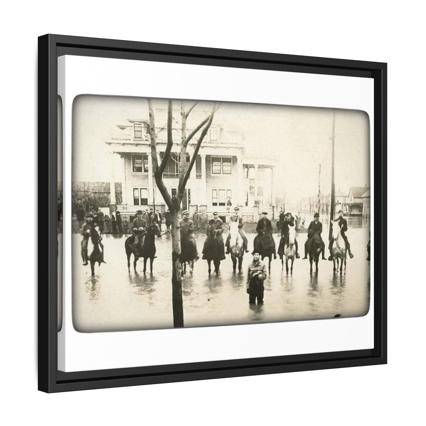 717 N Main Findlay, O  1913 Flood Original B & W Vintage Framed Matte Canvas - Equestrian Scene Wall Art