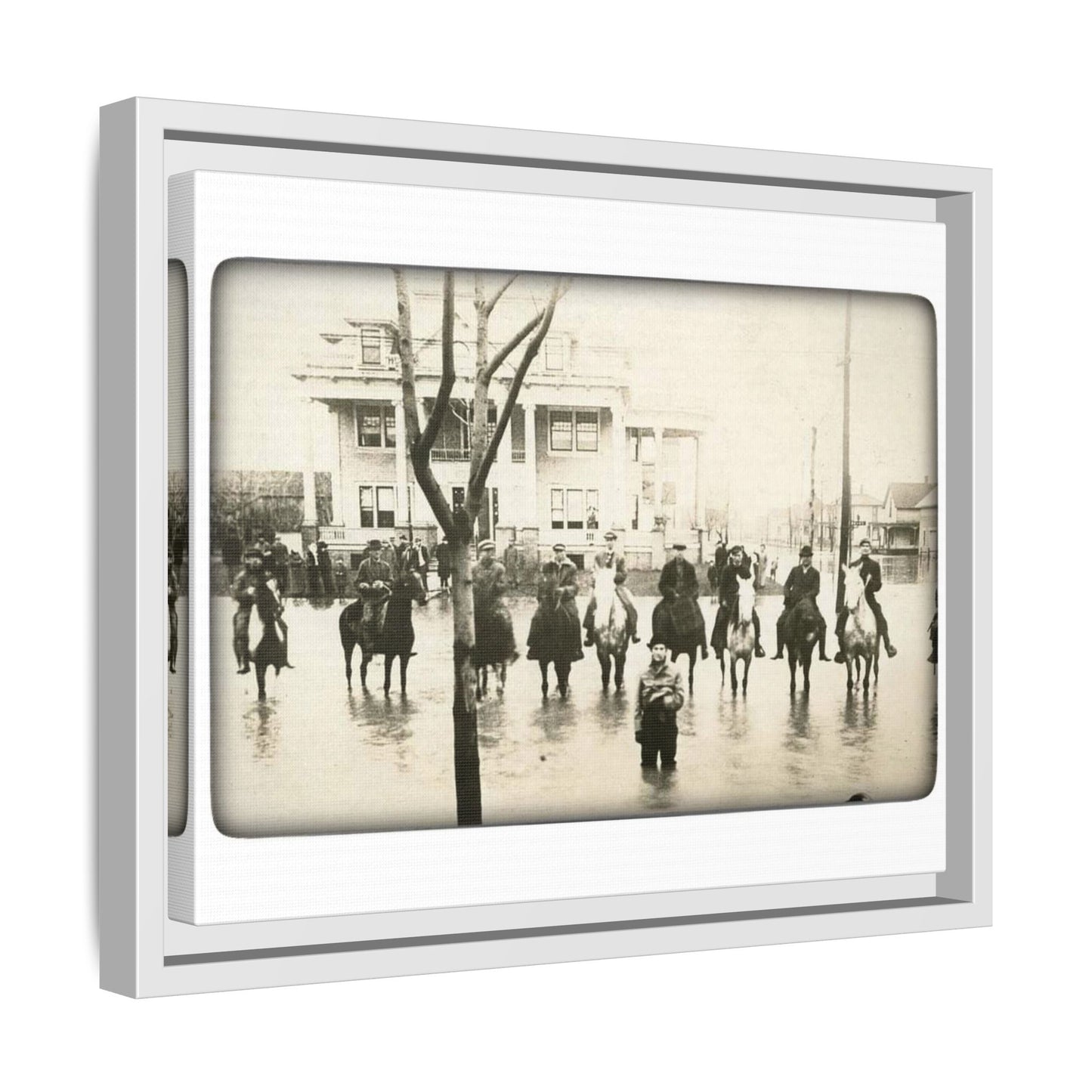 717 N Main Findlay, O  1913 Flood Original B & W Vintage Framed Matte Canvas - Equestrian Scene Wall Art