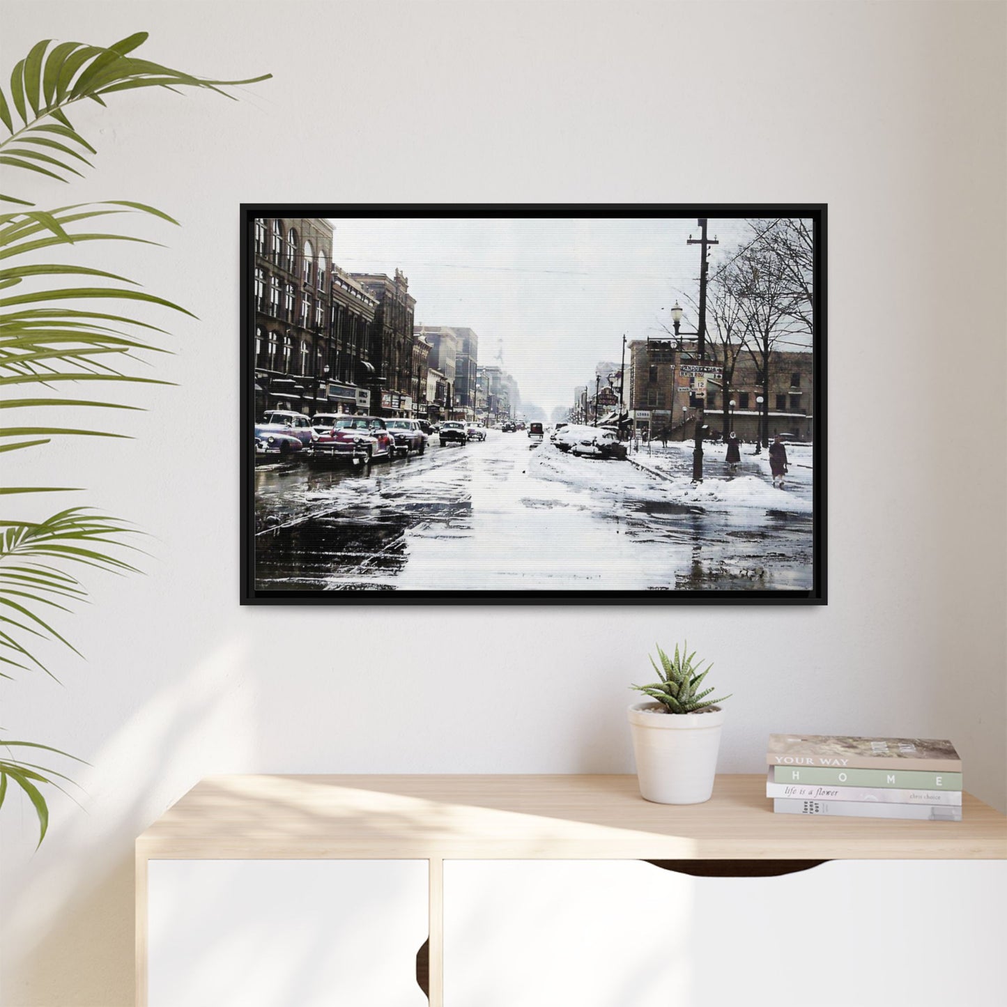 Winter Wonderland Framed Matte Canvas - Urban Snow Scene Wall Art