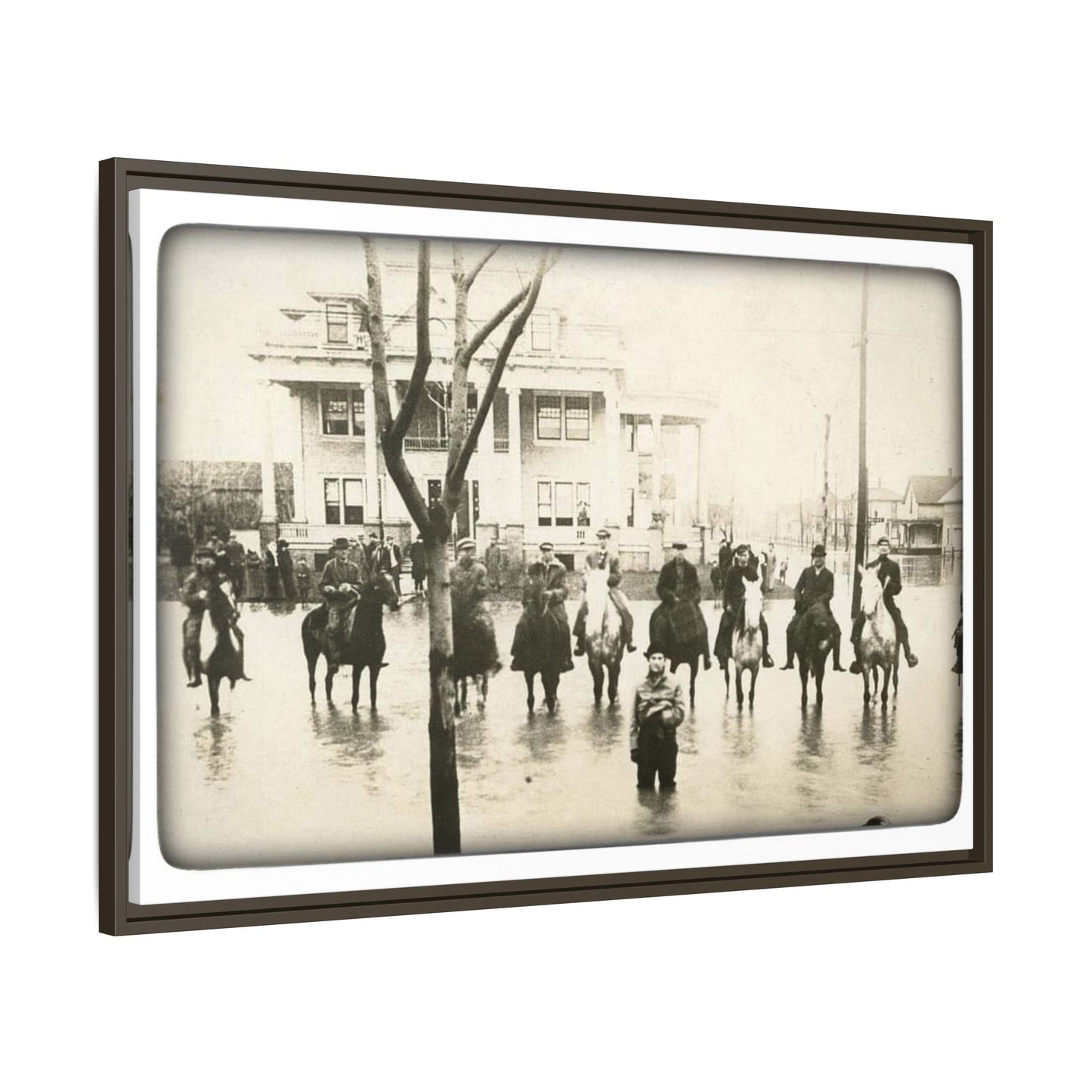 717 N Main Findlay, O  1913 Flood Original B & W Vintage Framed Matte Canvas - Equestrian Scene Wall Art