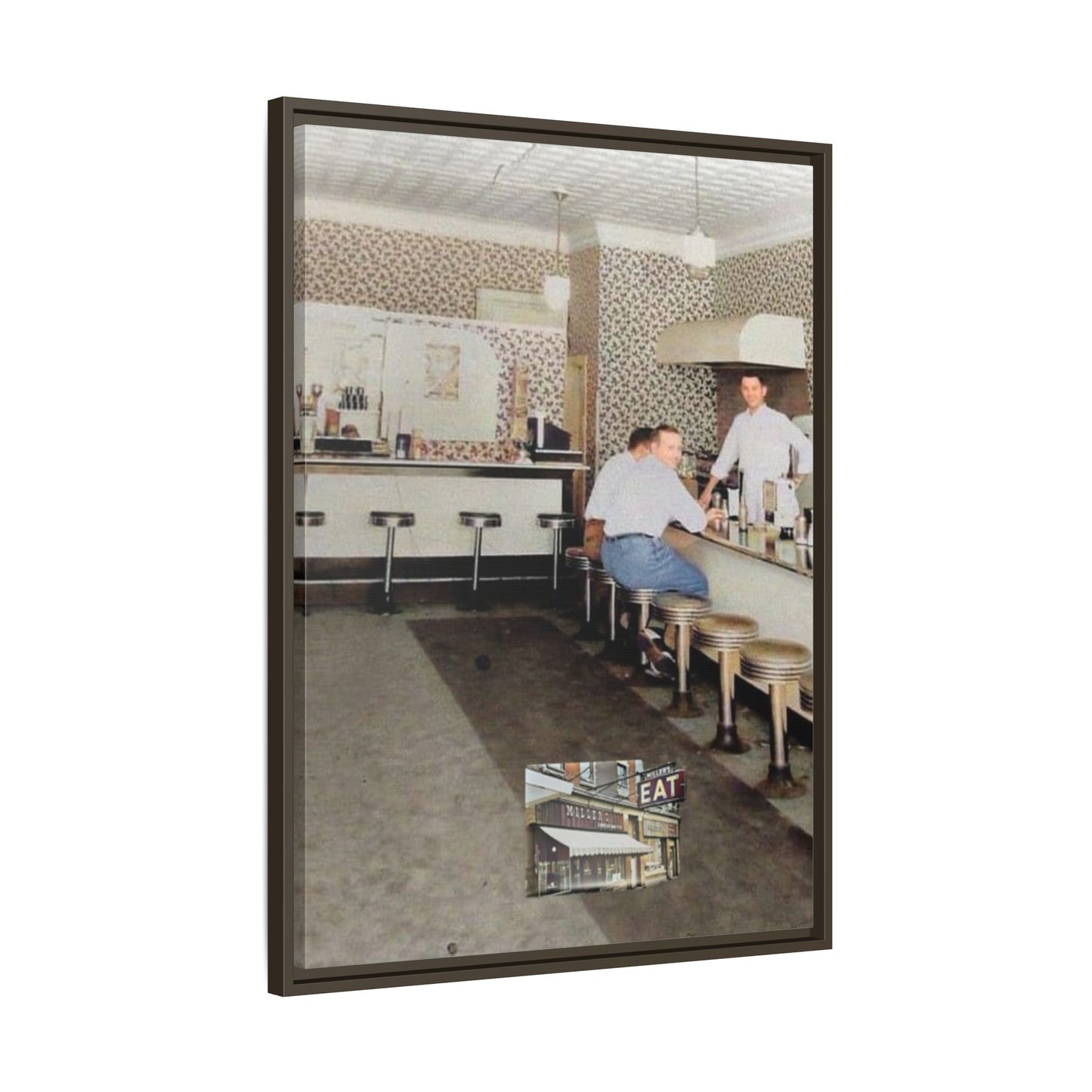 1947 Opening Day Miller’s Luncheonette Findlay, O. Retro Bar Scene Framed Canvas Art - Nostalgic Decor for Home or Office