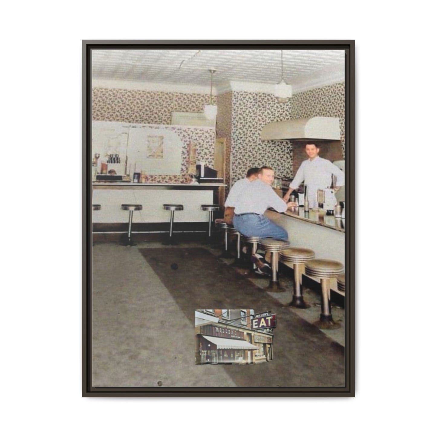 1947 Opening Day Miller’s Luncheonette Findlay, O. Retro Bar Scene Framed Canvas Art - Nostalgic Decor for Home or Office