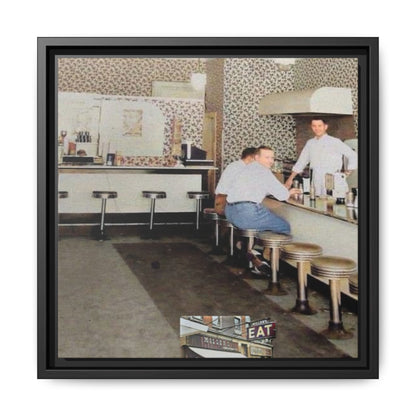 1947 Opening Day Miller’s Luncheonette Findlay, O. Retro Bar Scene Framed Canvas Art - Nostalgic Decor for Home or Office