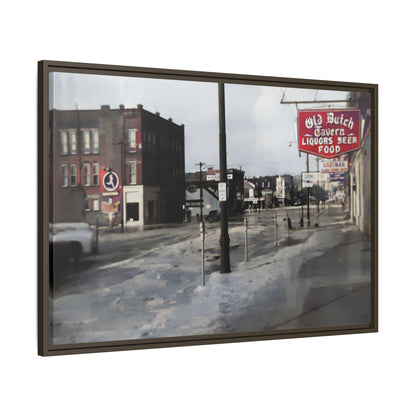 February 1959 Findlay Flood Original Dutch Framed Matte Canvas Art - Vintage Tavern Street Scene