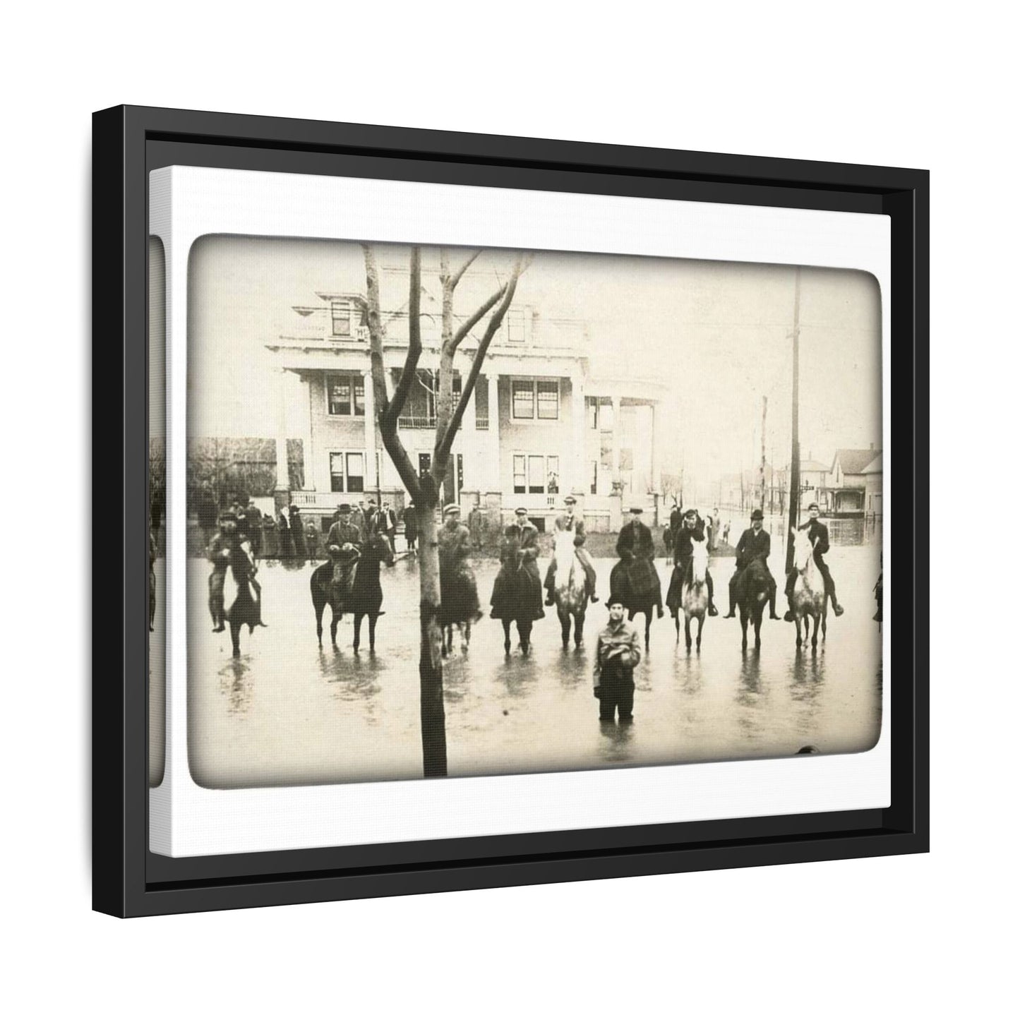 717 N Main Findlay, O  1913 Flood Original B & W Vintage Framed Matte Canvas - Equestrian Scene Wall Art