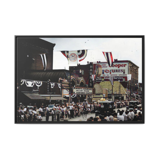 Harris Theater Sesquicentennial Parade Vintage Multi-Color Framed Canvas Print - Classic City Scene Wall Art