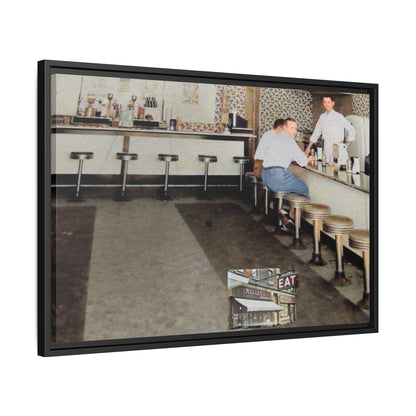 1947 Opening Day Miller’s Luncheonette Findlay, O. Retro Bar Scene Framed Canvas Art - Nostalgic Decor for Home or Office