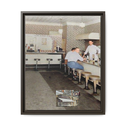 1947 Opening Day Miller’s Luncheonette Findlay, O. Retro Bar Scene Framed Canvas Art - Nostalgic Decor for Home or Office