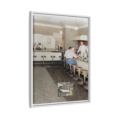 1947 Opening Day Miller’s Luncheonette Findlay, O. Retro Bar Scene Framed Canvas Art - Nostalgic Decor for Home or Office