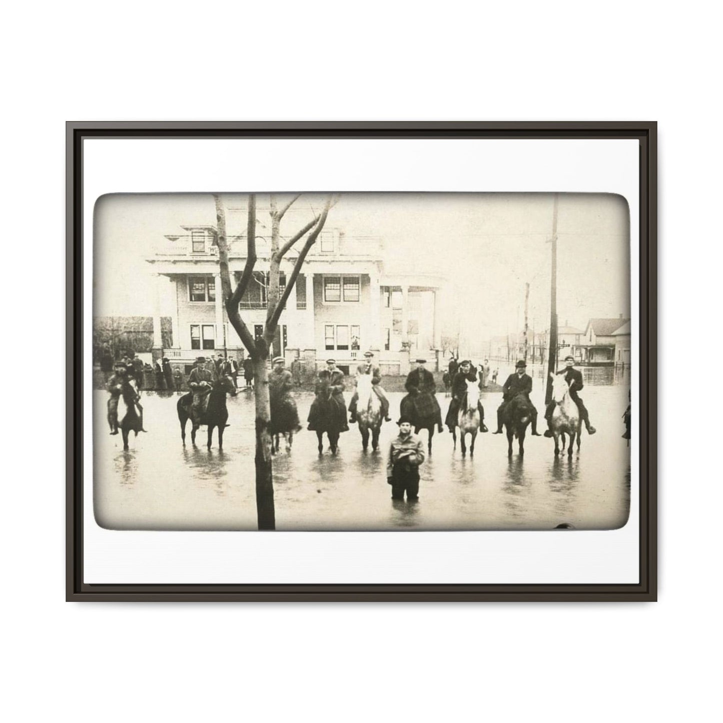 717 N Main Findlay, O  1913 Flood Original B & W Vintage Framed Matte Canvas - Equestrian Scene Wall Art