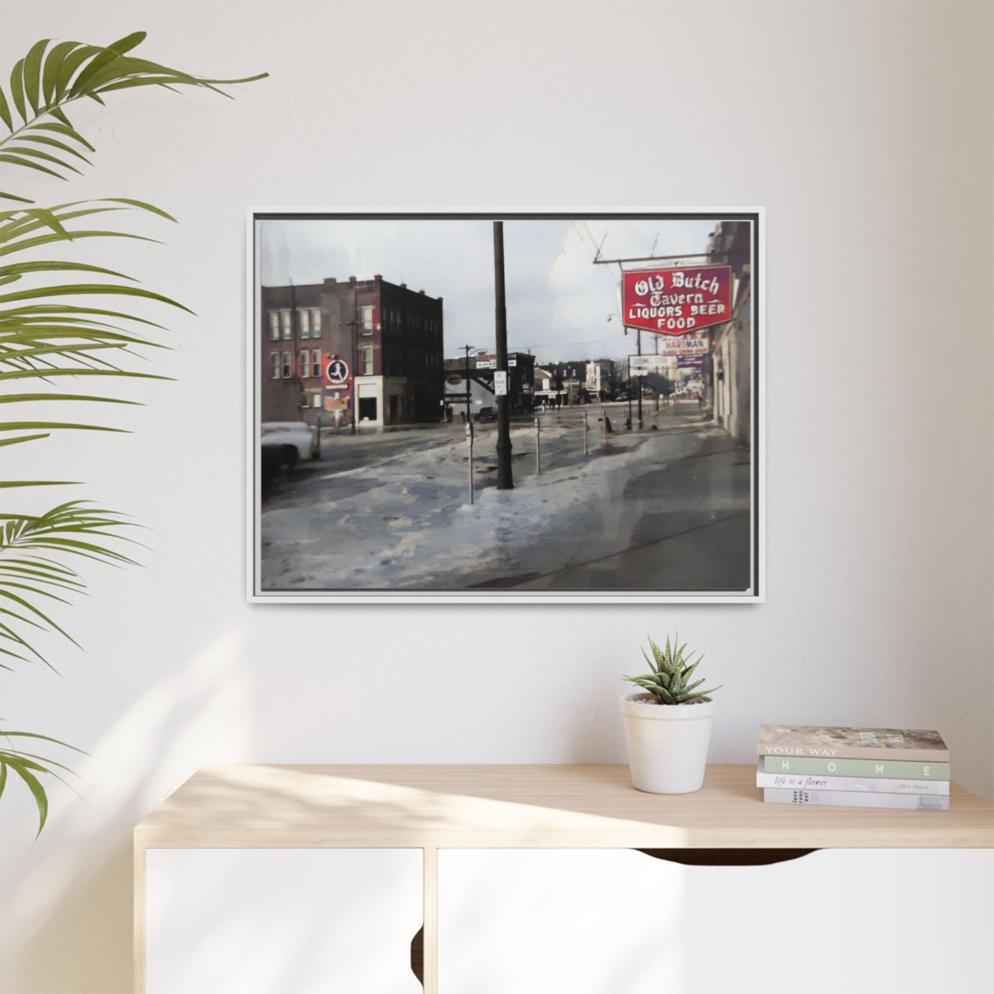 February 1959 Findlay Flood Original Dutch Framed Matte Canvas Art - Vintage Tavern Street Scene