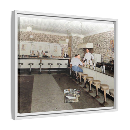 1947 Opening Day Miller’s Luncheonette Findlay, O. Retro Bar Scene Framed Canvas Art - Nostalgic Decor for Home or Office