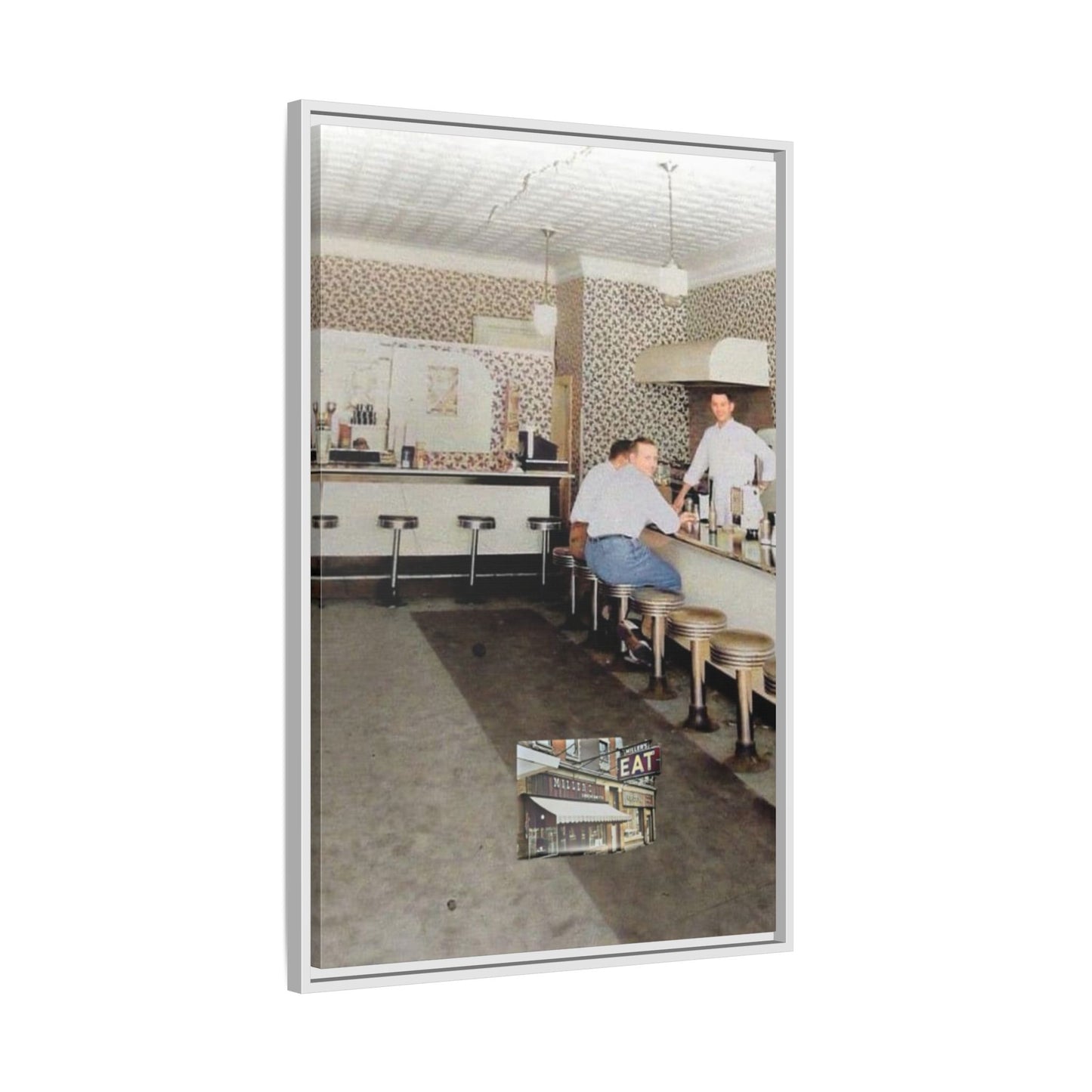 1947 Opening Day Miller’s Luncheonette Findlay, O. Retro Bar Scene Framed Canvas Art - Nostalgic Decor for Home or Office