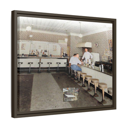 1947 Opening Day Miller’s Luncheonette Findlay, O. Retro Bar Scene Framed Canvas Art - Nostalgic Decor for Home or Office