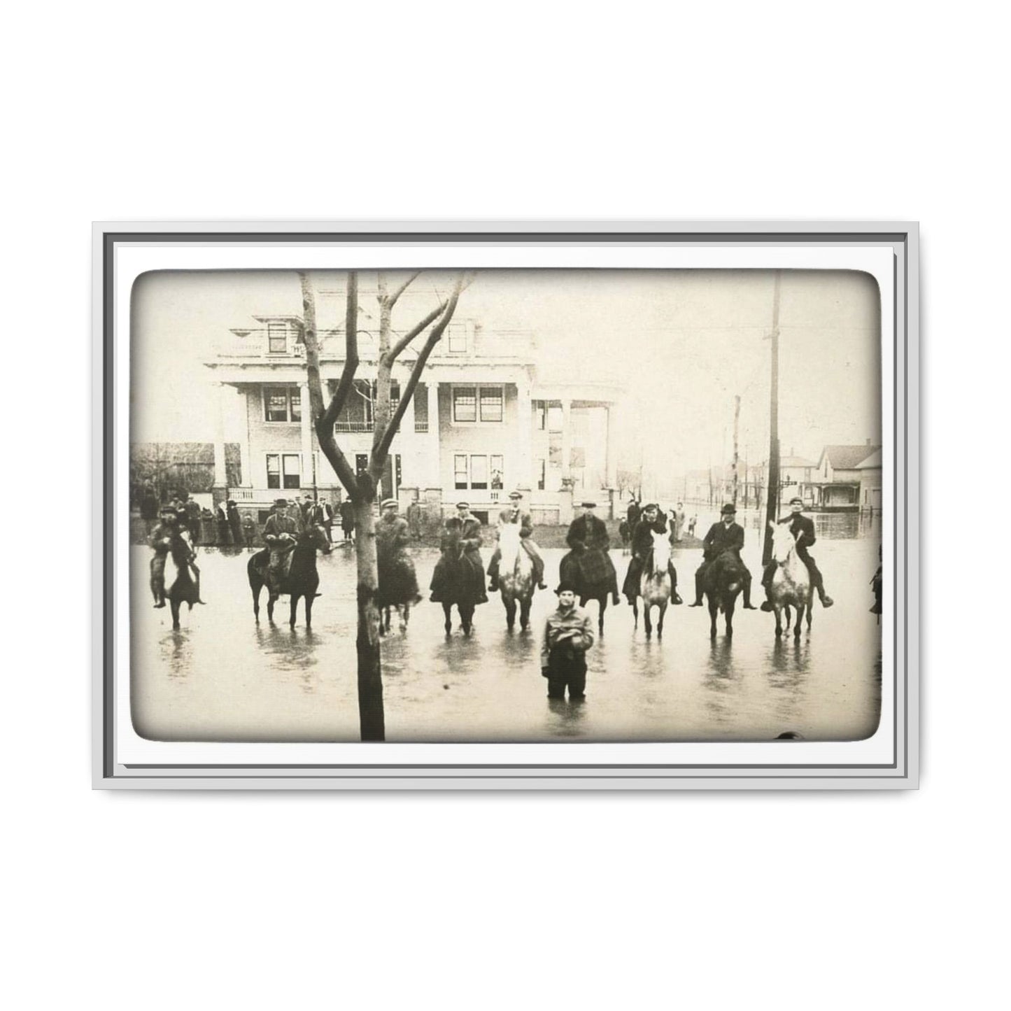 717 N Main Findlay, O  1913 Flood Original B & W Vintage Framed Matte Canvas - Equestrian Scene Wall Art