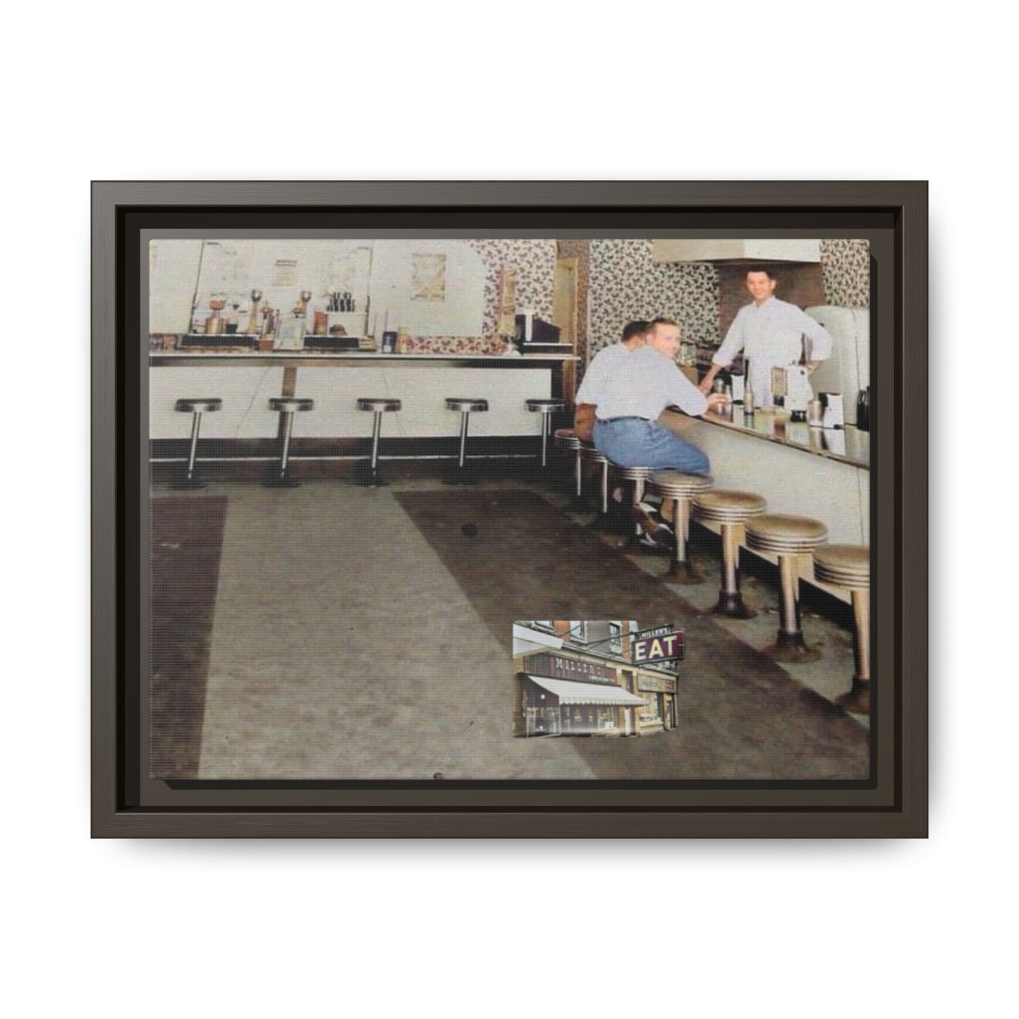 1947 Opening Day Miller’s Luncheonette Findlay, O. Retro Bar Scene Framed Canvas Art - Nostalgic Decor for Home or Office