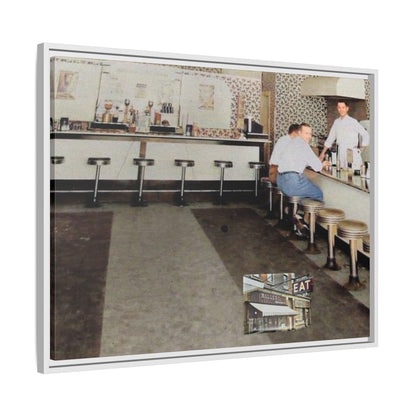 1947 Opening Day Miller’s Luncheonette Findlay, O. Retro Bar Scene Framed Canvas Art - Nostalgic Decor for Home or Office