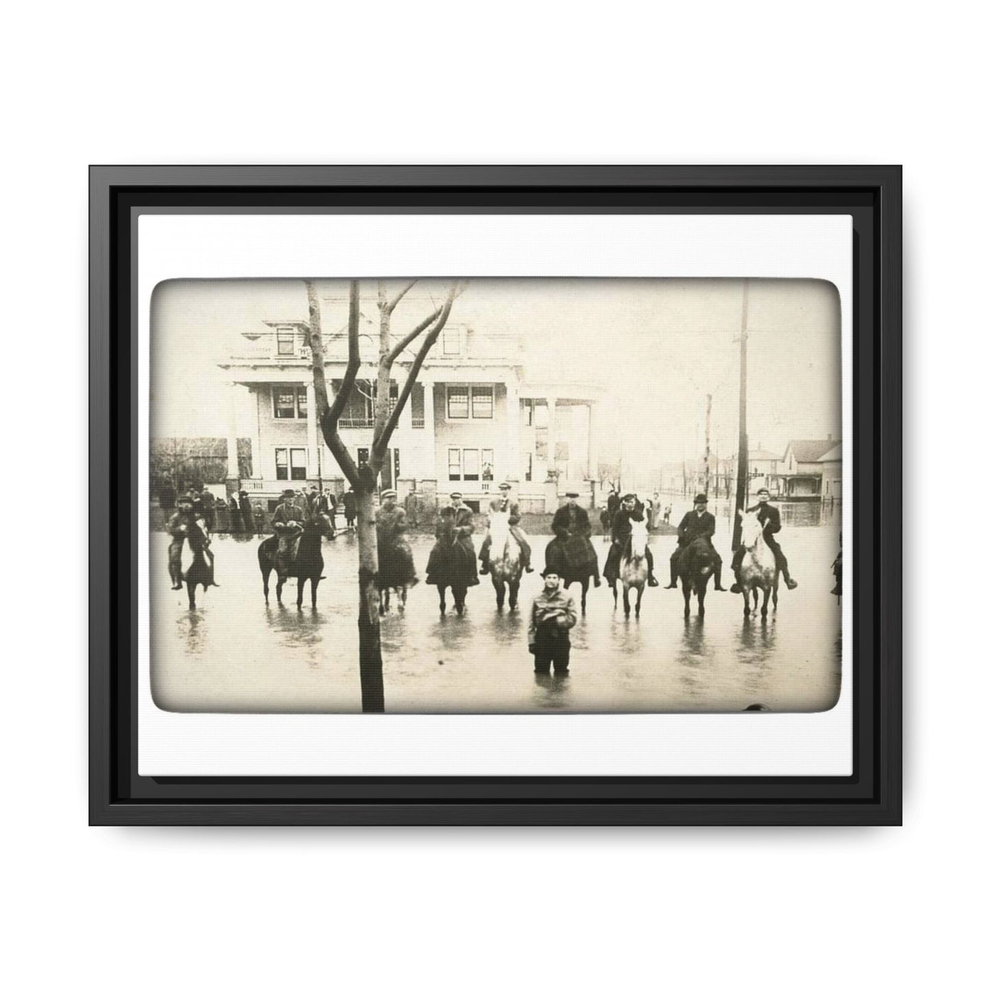 717 N Main Findlay, O  1913 Flood Original B & W Vintage Framed Matte Canvas - Equestrian Scene Wall Art