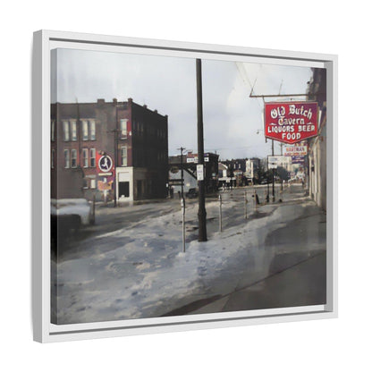 February 1959 Findlay Flood Original Dutch Framed Matte Canvas Art - Vintage Tavern Street Scene