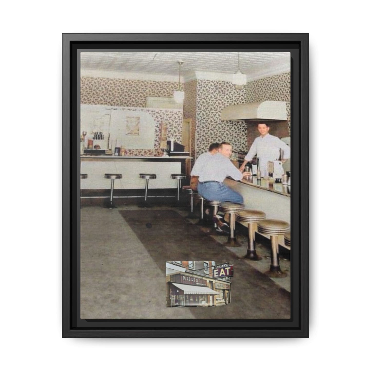 1947 Opening Day Miller’s Luncheonette Findlay, O. Retro Bar Scene Framed Canvas Art - Nostalgic Decor for Home or Office