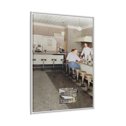 1947 Opening Day Miller’s Luncheonette Findlay, O. Retro Bar Scene Framed Canvas Art - Nostalgic Decor for Home or Office