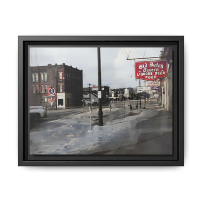 February 1959 Findlay Flood Original Dutch Framed Matte Canvas Art - Vintage Tavern Street Scene