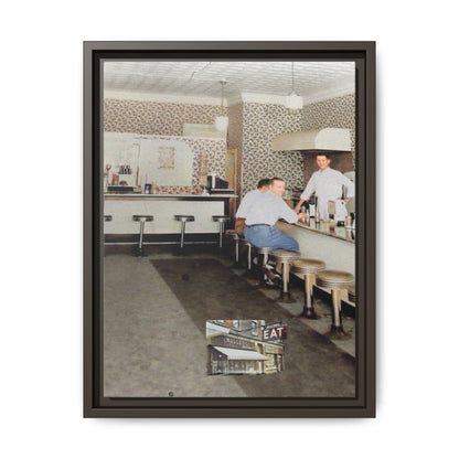 1947 Opening Day Miller’s Luncheonette Findlay, O. Retro Bar Scene Framed Canvas Art - Nostalgic Decor for Home or Office