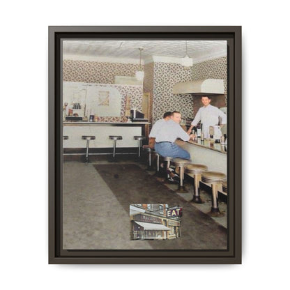 1947 Opening Day Miller’s Luncheonette Findlay, O. Retro Bar Scene Framed Canvas Art - Nostalgic Decor for Home or Office