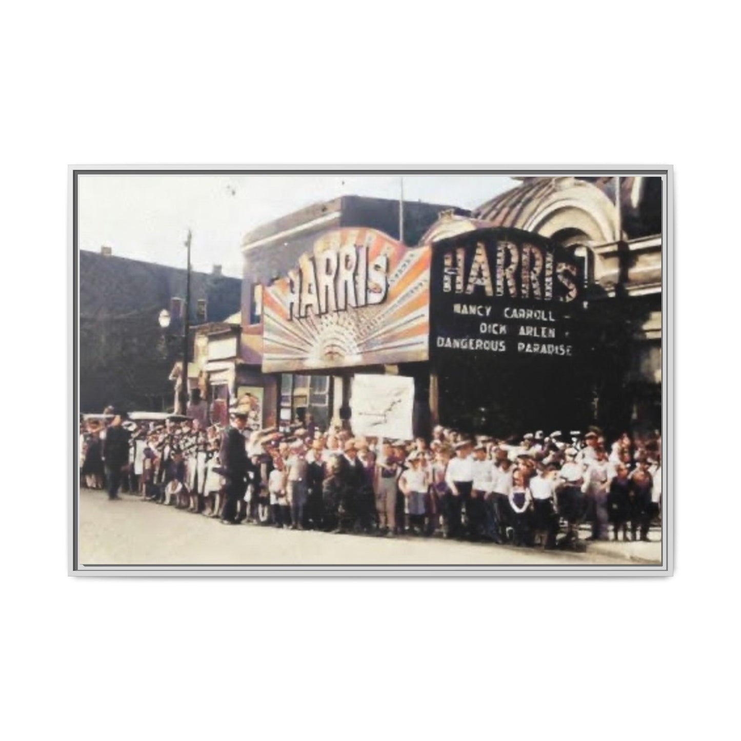 Harris Theater lines galore Vintage Framed Canvas Print - Historic Harris Theater Scene