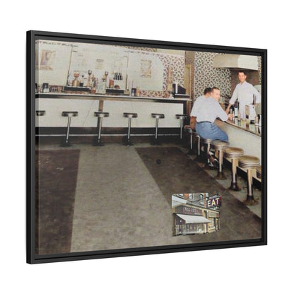 1947 Opening Day Miller’s Luncheonette Findlay, O. Retro Bar Scene Framed Canvas Art - Nostalgic Decor for Home or Office