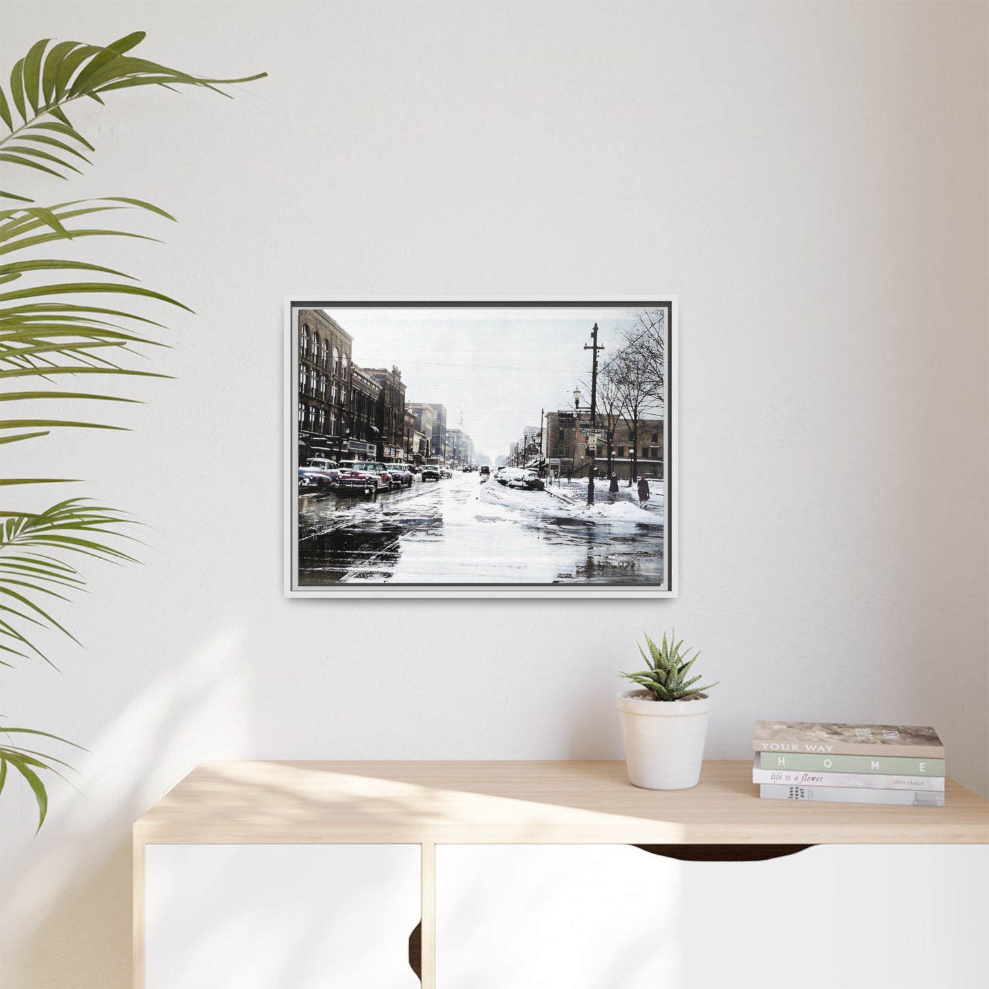 Winter Wonderland Framed Matte Canvas - Urban Snow Scene Wall Art