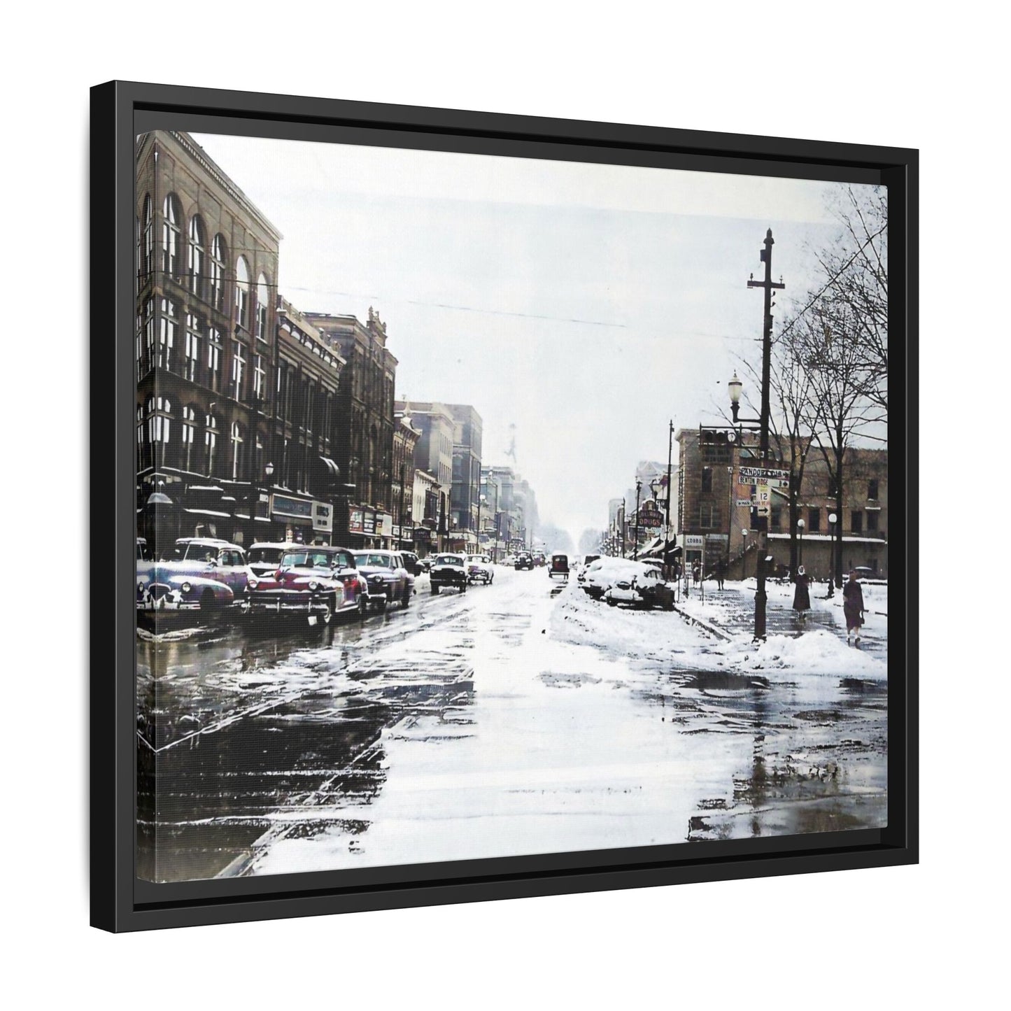 Winter Wonderland Framed Matte Canvas - Urban Snow Scene Wall Art