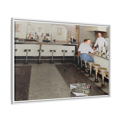 1947 Opening Day Miller’s Luncheonette Findlay, O. Retro Bar Scene Framed Canvas Art - Nostalgic Decor for Home or Office